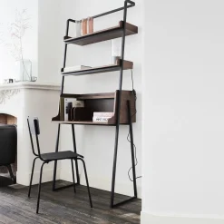 Bureau|Bibliothèque Et Étagère*alinea Bureau plaqué noyer et métal noir avec 2 tablettes L80cm - Bois foncé