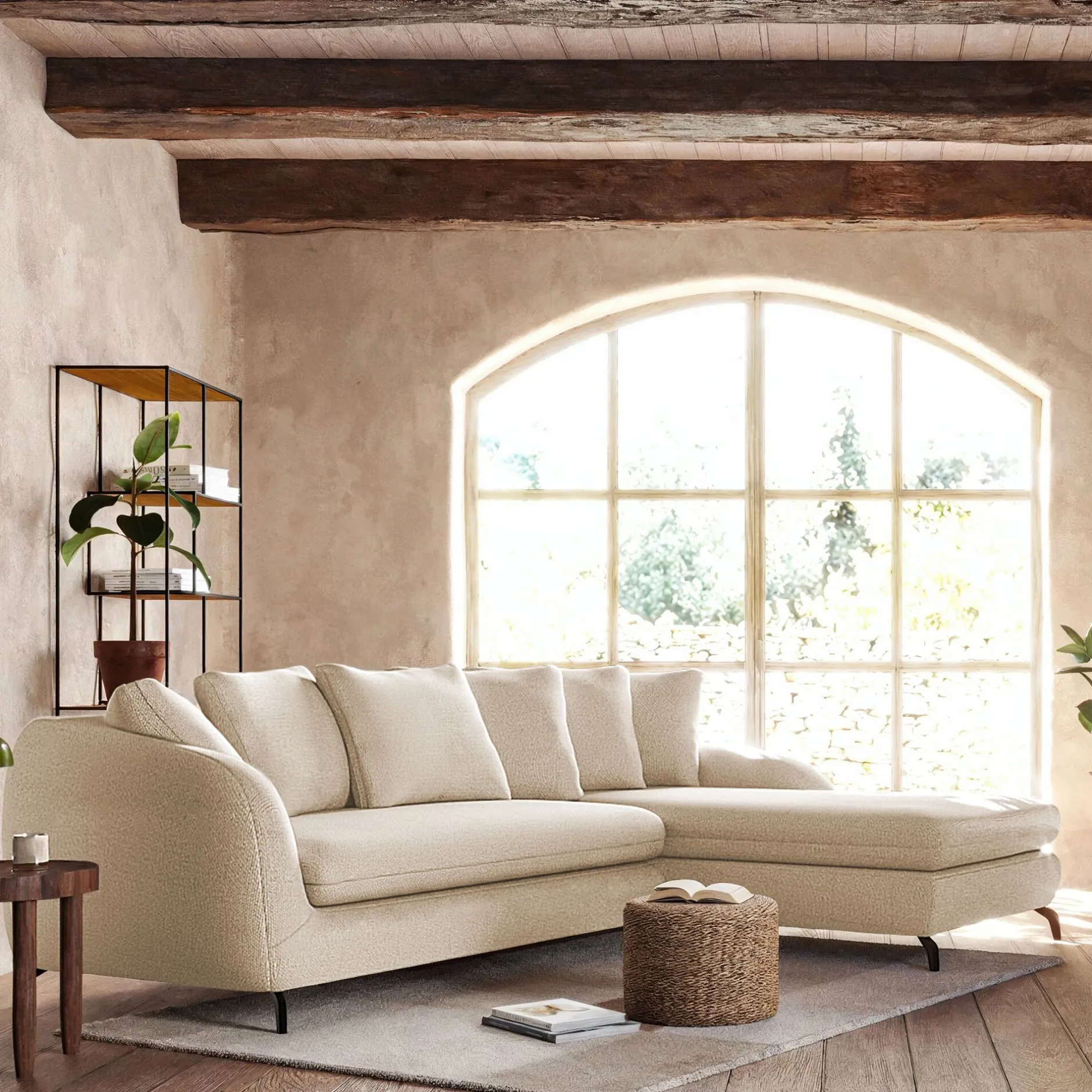 Canapé 4 Places|Canapé Convertible*alinea Canapé d'angle droit convertible en tissu tramé doux - écru Blanc