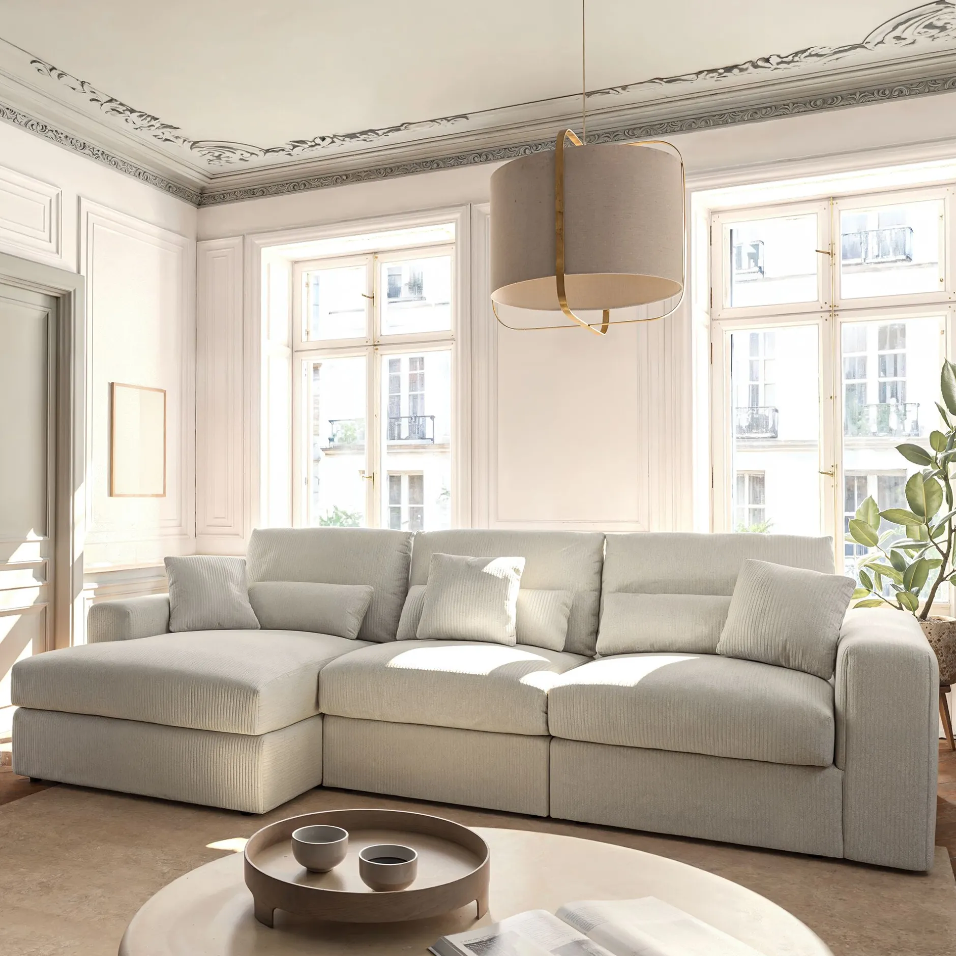 Canapé En Velours|Canapé 5 Places*alinea Canapé d'angle gauche fixe en velours côtelé - borie Gris