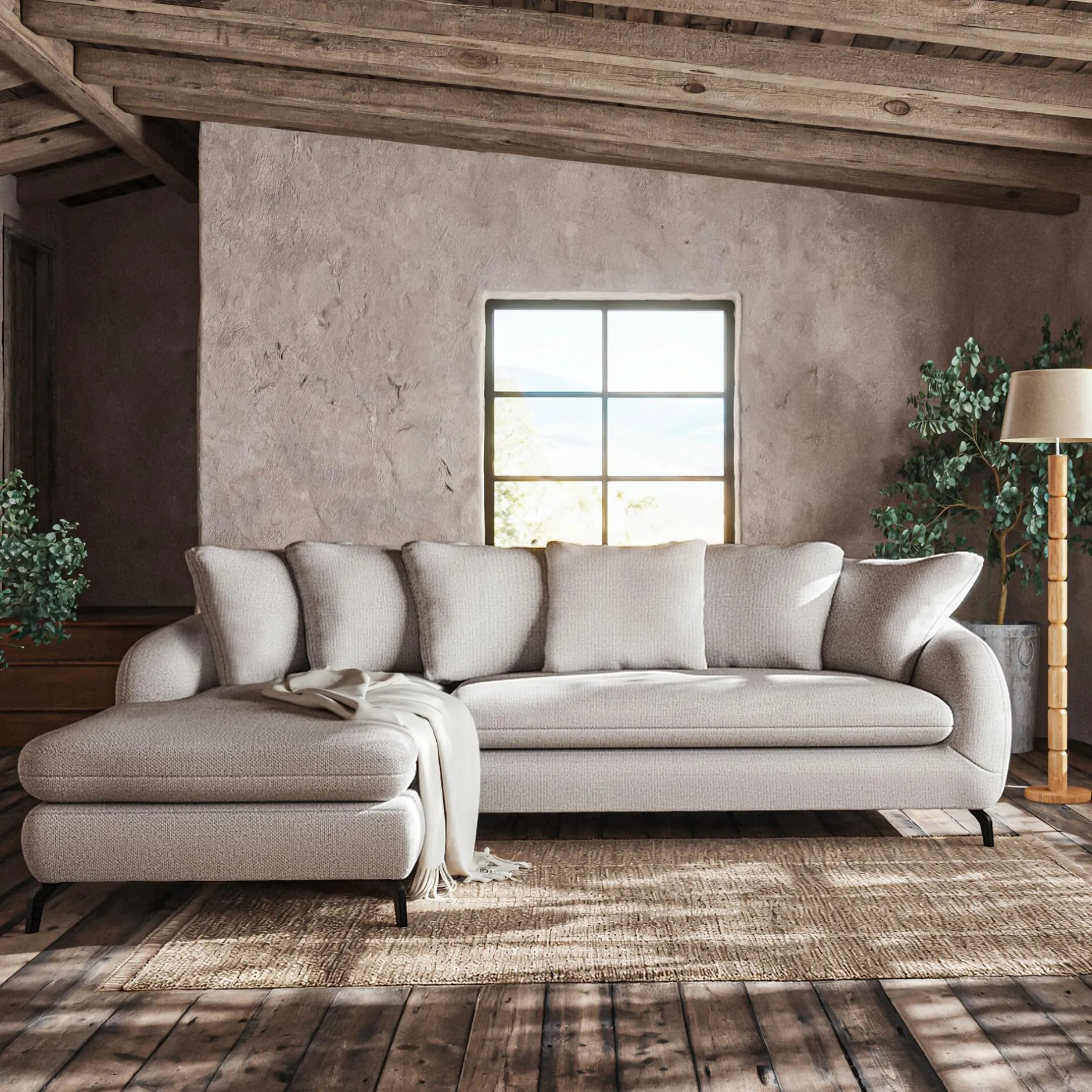 Canapé En Tissu|Canapé 4 Places*alinea Canapé d'angle gauche fixe en tissu tramé - roucas Beige