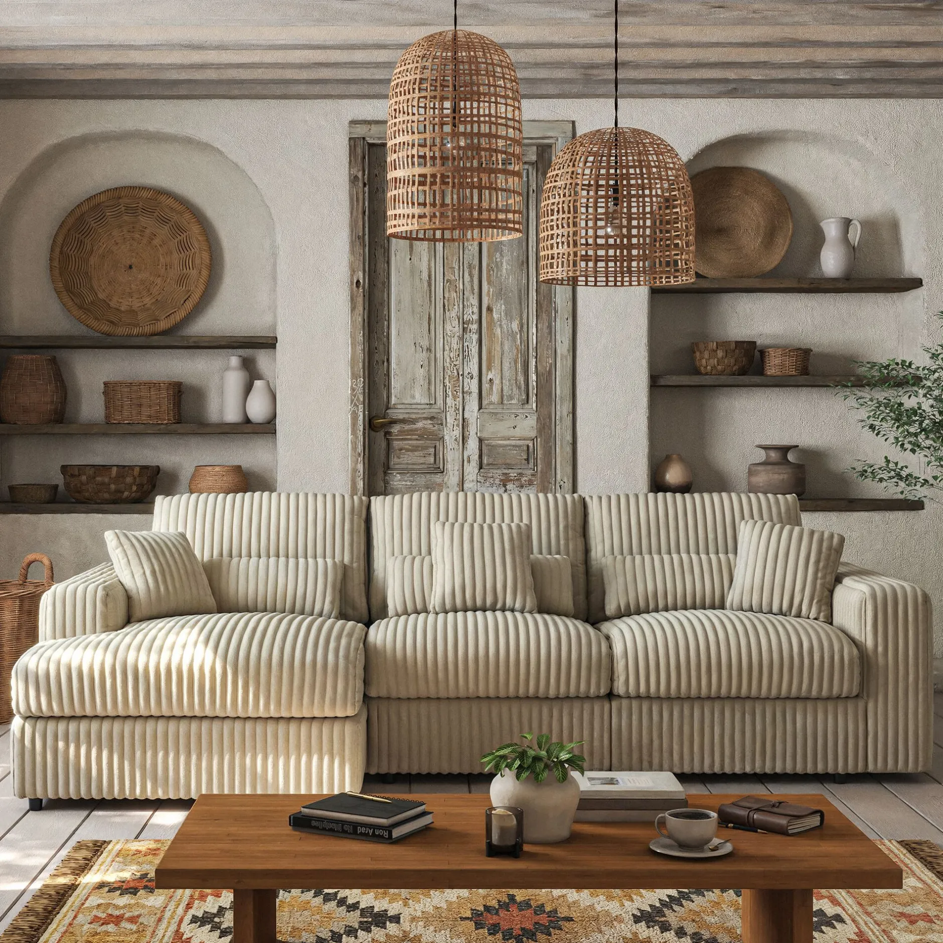 Canapé En Tissu|Canapé 5 Places*alinea Canapé d'angle gauche fixe en tissu côtelé bita - ventoux Blanc