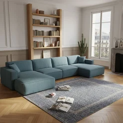 Canapé En Tissu|Canapé 6 Places Et Plus*alinea Canapé d'angle panoramique fixe en tissu tramé - Bleu