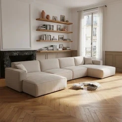 Canapé En Tissu|Canapé 6 Places Et Plus*alinea Canapé d'angle panoramique fixe en tissu tramé - Beige