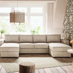 Canapé 4 Places|Canapé Convertible*alinea Canapé en U convertible en tissu tramé - roucas Beige