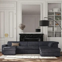 Canapé En Tissu|Canapé 6 Places Et Plus*alinea Canapé panoramique convertible avec méridienne gauche en tissu doux - calabrun Bleu