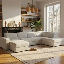 Canapé En Velours|Canapé 6 Places Et Plus*alinea Canapé panoramique convertible avec méridienne droite en tissu castello - roucas Beige