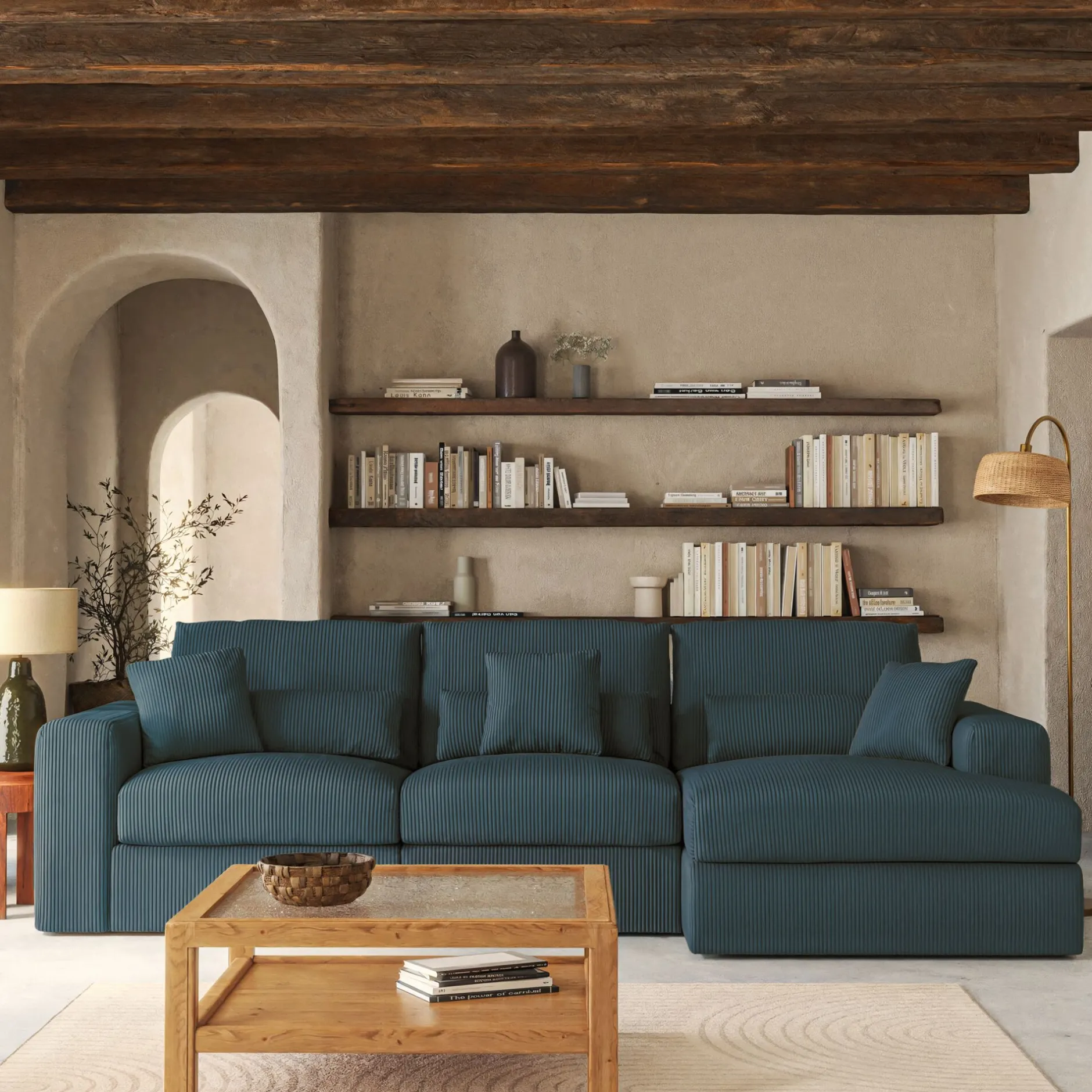 Canapé En Velours|Canapé 3 Places*alinea Canapé petit angle droit fixe en velours côtelé - Bleu