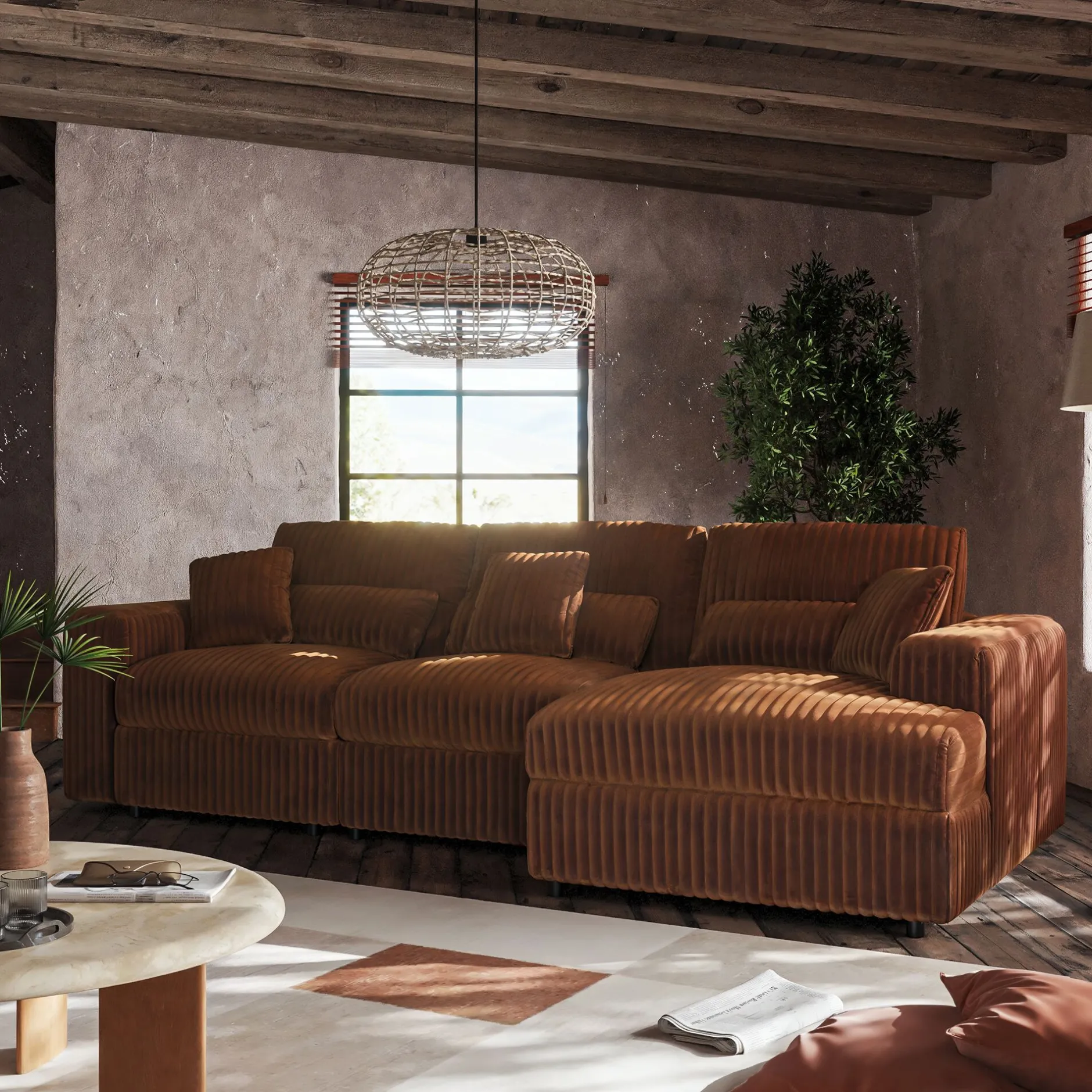 Canapé En Velours|Canapé 3 Places*alinea Canapé petit angle droit fixe en tissu côtelé bita - brun rustrel Marron