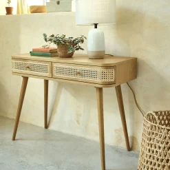 Meuble D'Entrée|Console*alinea Coiffeuse 2 tiroirs en chêne et rotin - Bois clair