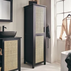 Colonne De Salle De Bain*alinea Colonne de salle de bain en bois de cèdre et cannage - H171cm Noir