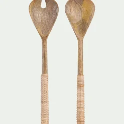 Couvert De Service*alinea Couverts à salade en bois de manguier et manche en rotin Bois clair