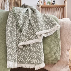 Couvre-Lit*alinea Couvre lit en coton motif feuilles finition franges 230x250cm - Vert