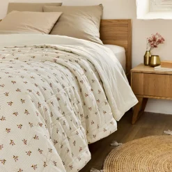 Couvre-Lit*alinea Couvre-lit en lin et coton 220x240cm motif rayé et floral - Blanc