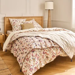 Couvre-Lit*alinea Édredon à motif fleuri en lin et coton 100x180cm piquage pompons double faces - Beige