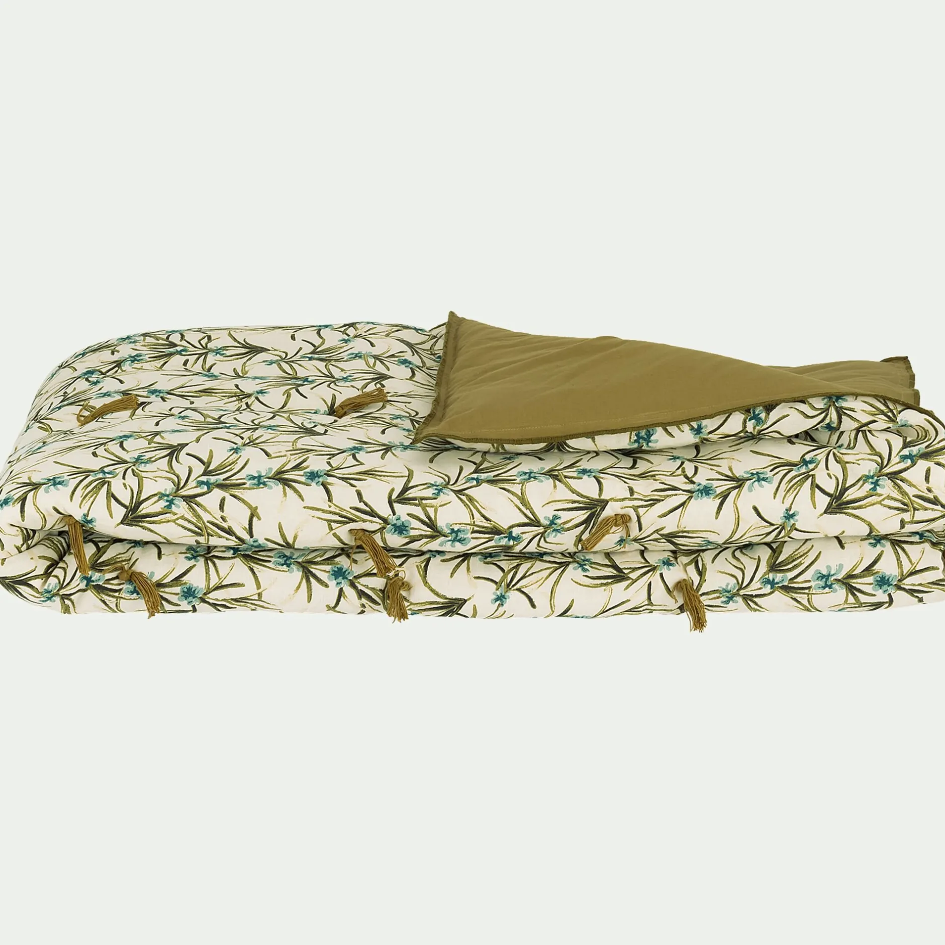Couvre-Lit*alinea Édredon à motif romarin en lin et coton 100x180cm piquage pompons double faces - Vert