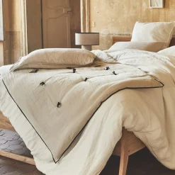 Couvre-Lit*alinea Édredon en lin et coton 100x180cm piquage pompons double faces - écru Blanc