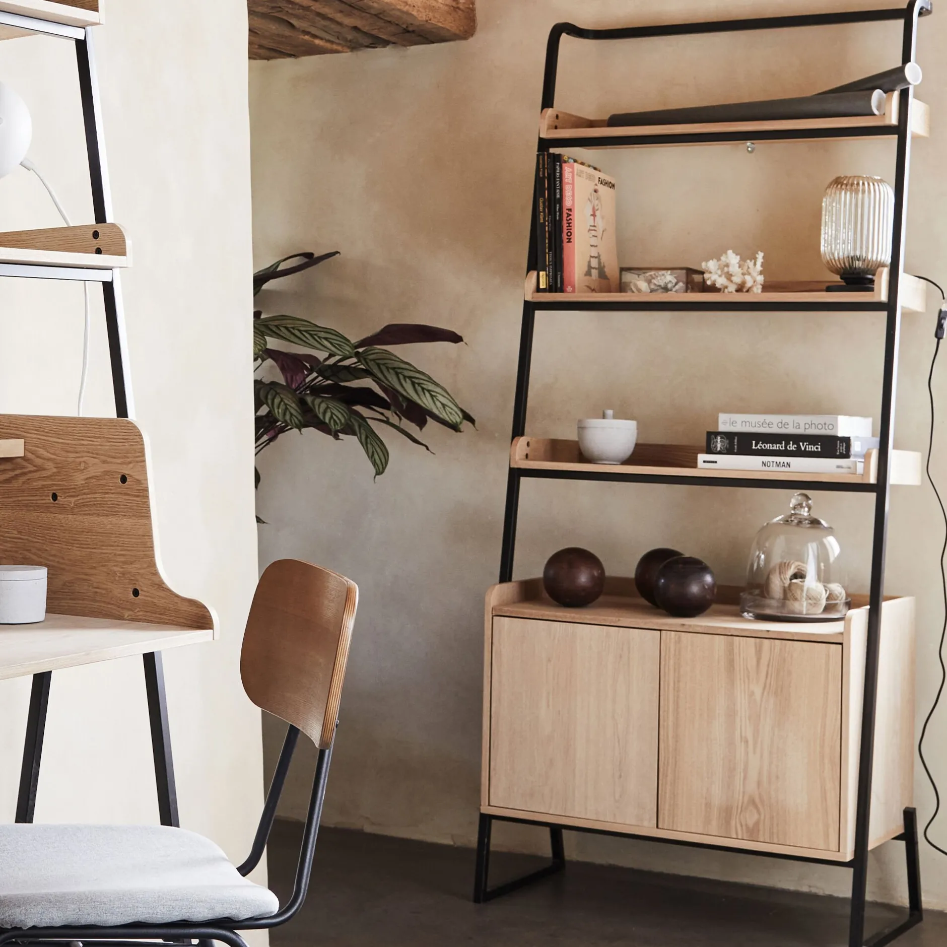 Bibliothèque Et Étagère*alinea Etagère 3 tablettes et caisson plaquée frêne et métal noir - L80cm Bois clair