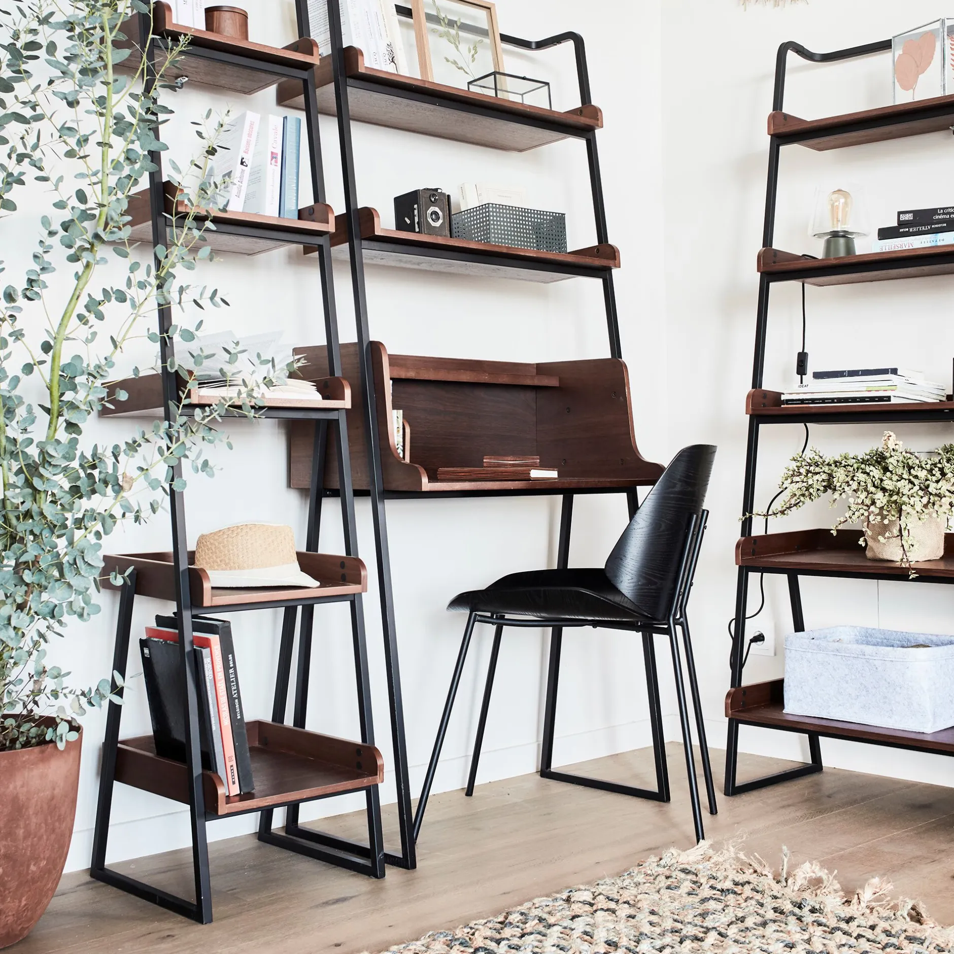 Bibliothèque Et Étagère*alinea Etagère 5 tablettes plaquée noyer et métal noir - L80cm Bois foncé