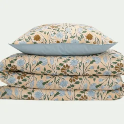 Parure De Lit*alinea Housse de couette 240x220cm et 2 taies d'oreiller 63x63cm en percale de coton motif floral - Bleu