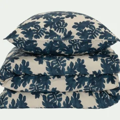 Parure De Lit*alinea Housse de couette 260x240cm et 2 taies d'oreiller 63x63cm en coton avec motif feuilles - Bleu