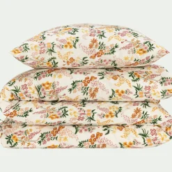 Parure De Lit*alinea Housse de couette 240x220cm et 2 taies d'oreiller 63x63cm motif floral en coton lavé - Orange