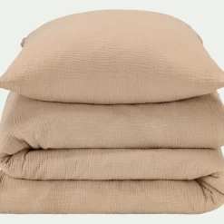 Parure De Lit*alinea Housse de couette 260x240cm et 2 taies d'oreiller 63x63cm en double gaze de coton - alpilles Beige