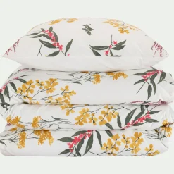 Parure De Lit*alinea Housse de couette 240x220cm et 2 taies d'oreiller 63x63cm en percale de coton lavé motif floral - Jaune