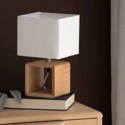 Lampe À Poser*alinea Lampe à poser carrée en bois et en coton H25cm - Blanc