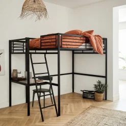 Lit Adulte*alinea Lit mezzanine 2 places en acier avec bureau en verre - 140x200cm Noir