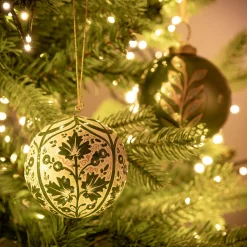 Boule De Noël*alinea Lot de 6 boules de Noël en papier mâché motif végétal peint main D7cm - Vert