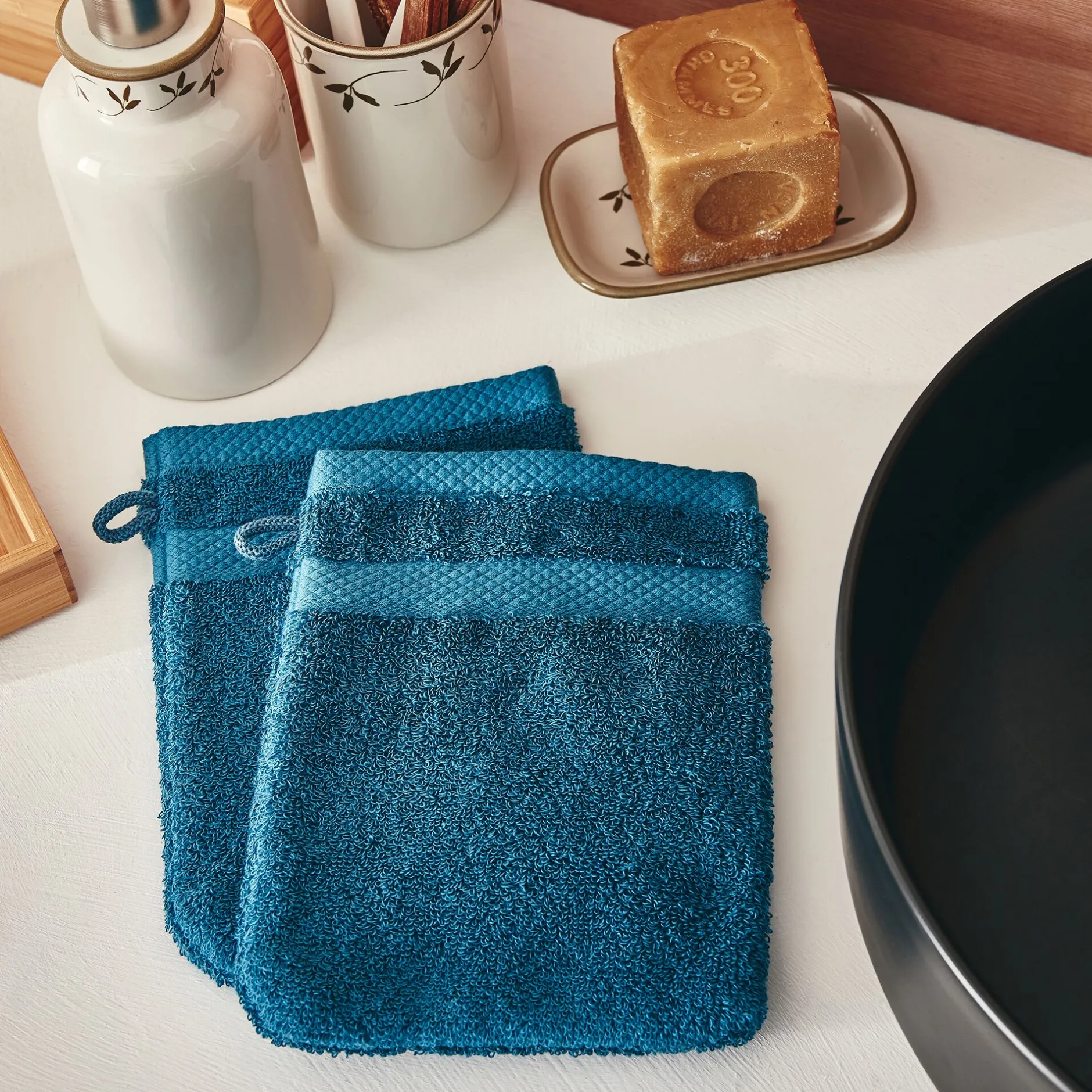 Gant De Toilette*alinea Lot de 2 gants de toilette en coton peigné - Bleu figuerolles