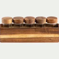Aménagement Meuble Cuisine|Bocal De Cuisine*alinea Lot de 5 pots à épices en verre avec support en acacia - Transparent