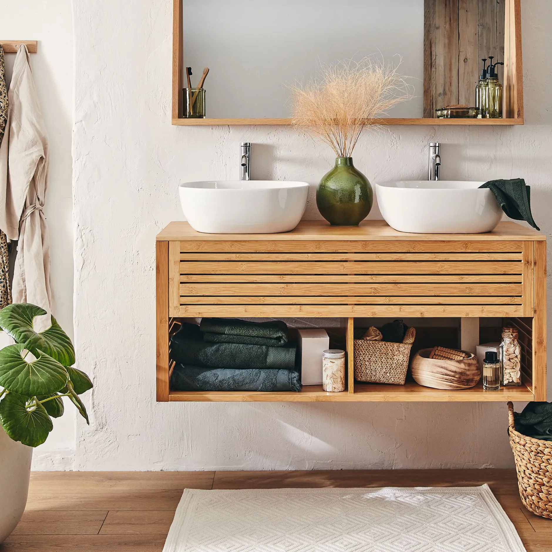 Meuble Sous Vasque*alinea Meuble double sous vasque murale en bambou - L120cm Bois clair