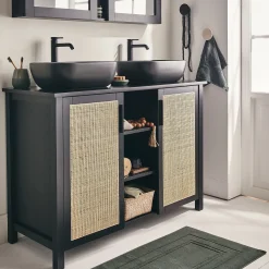 Meuble Sous Vasque*alinea Meuble sous-vasque double en bois de cèdre et 2 portes en cannage - L120cm Noir