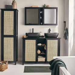 Meuble Sous Vasque*alinea Meuble sous-vasque double en bois de cèdre et 2 portes en cannage - L120cm Noir