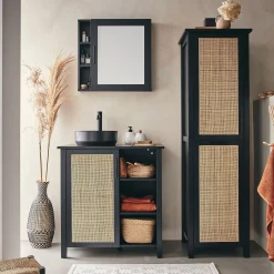 Meuble Sous Vasque*alinea Meuble sous-vasque simple en bois de cèdre et 1 porte en cannage - L80cm Noir