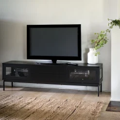 Meuble Tv*alinea Meuble tv 4 portes en bois et verre - L180xl42xH51cm Noir