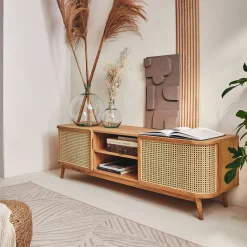 Meuble Tv*alinea Meuble tv 2 portes en bois et cannage L160cm - Bois clair