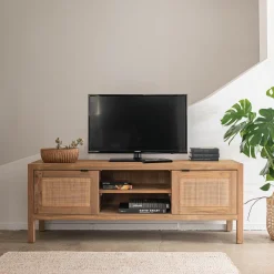 Meuble Tv*alinea Meuble tv 2 portes en teck recyclé et cannage L150cm - Bois clair