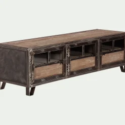 Meuble Tv*alinea Meuble TV en pin, acier et verre - L150xl45xH45cm Bois foncé