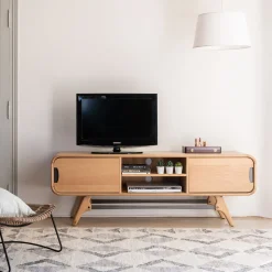 Meuble Tv*alinea Meuble TV plaqué chêne avec piétement en métal - L165xH58cm Bois clair