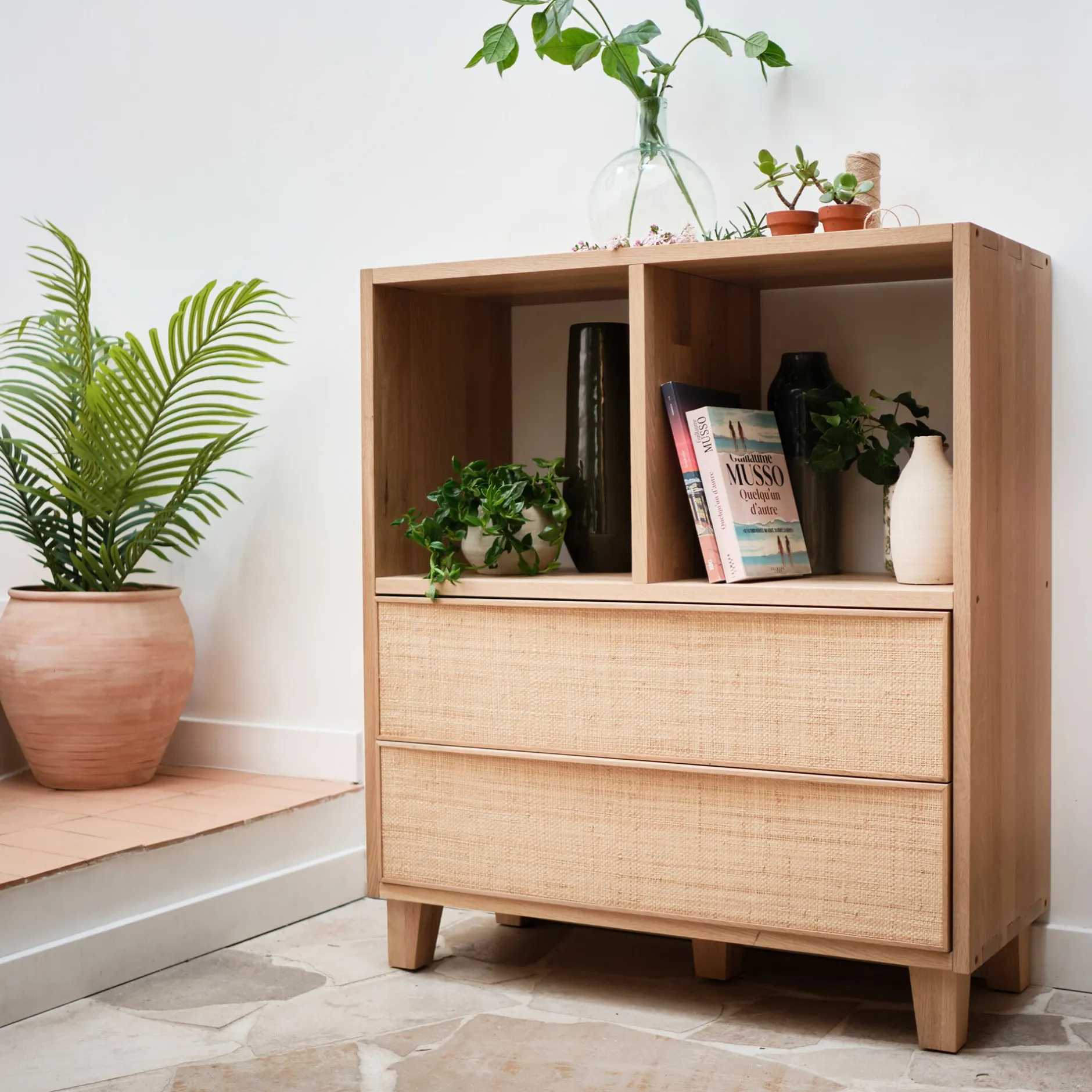 Rangement À Composer|Buffet*alinea Petit buffet en bois de chêne avec 2 grands tiroirs en raphia - Bois clair