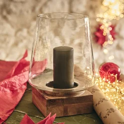 Photophore*alinea Photophore en verre et bois de manguier H30cm - Naturel