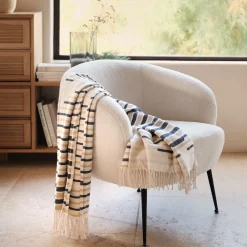 Plaid*alinea Plaid en coton à rayures finition franges 127x170cm - Bleu