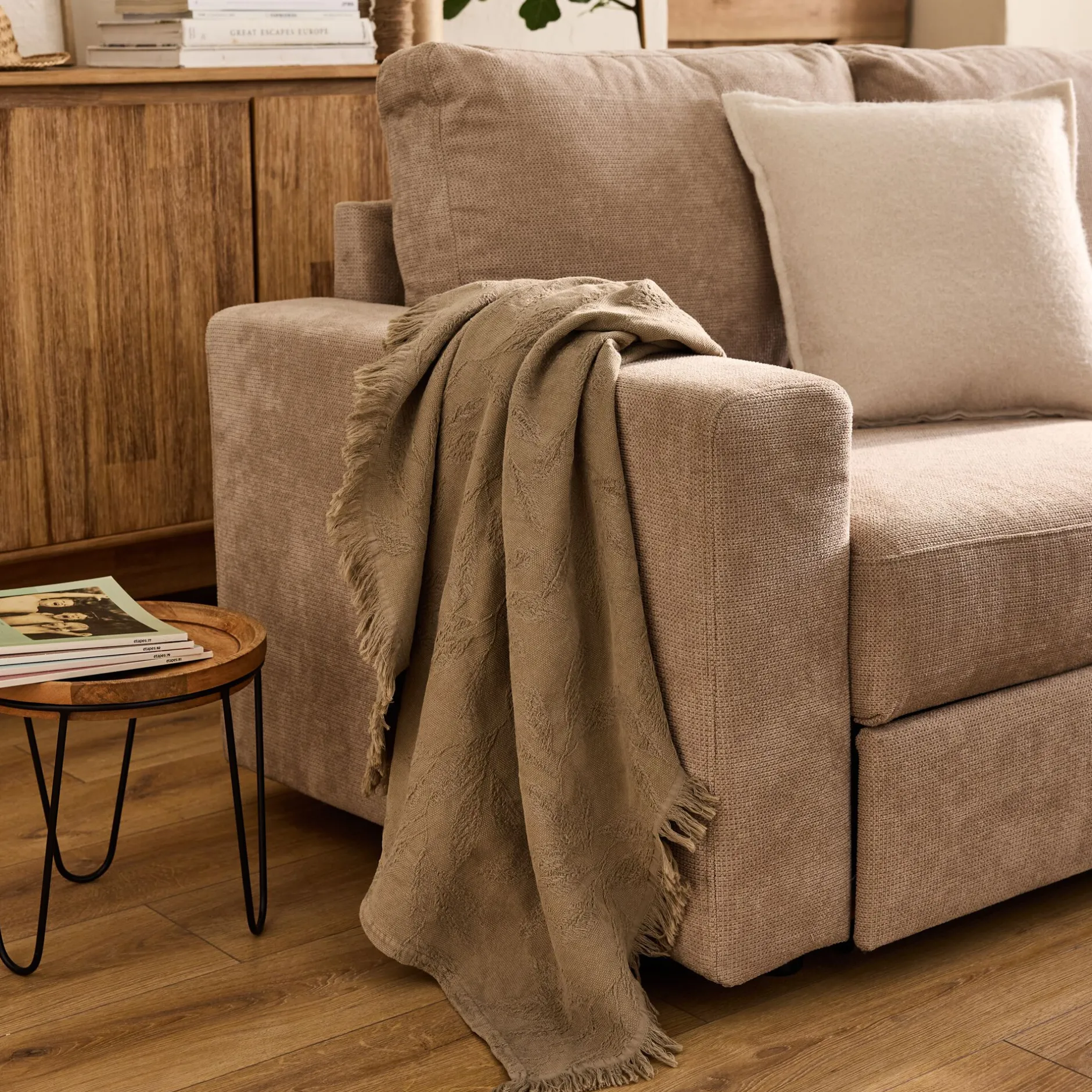 Plaid*alinea Plaid en coton motif végétal finition franges 130x170cm - Vert