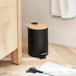Accessoire De Salle De Bain|Panier De Rangement Salle De Bain*alinea Poubelle en métal et bambou 2,5L - Noir