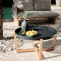 Table Basse Exterieur*alinea Table basse de jardin en acier et acacia D84cm - Noir