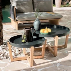 Table Basse Exterieur*alinea Table basse de jardin en acier et acacia D84cm - Noir