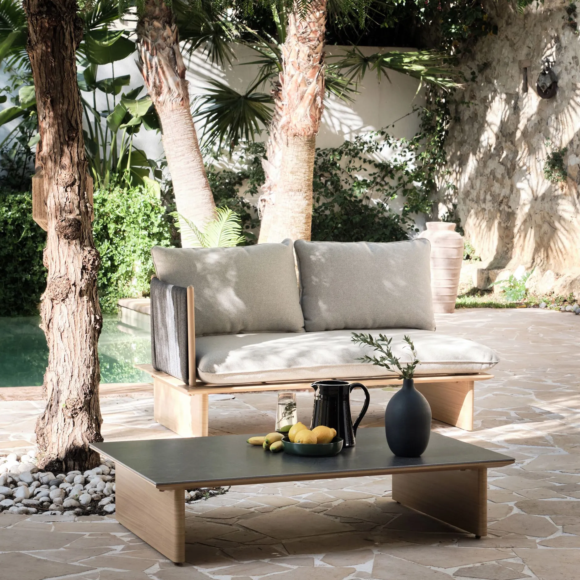 Table Basse Exterieur*alinea Table basse de jardin en aluminium effet bois et céramique - Noir