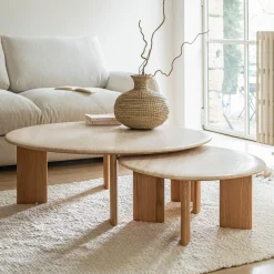 Table Basse*alinea Table basse ovale en travertin et bois L115,5xl102xH37cm - Beige